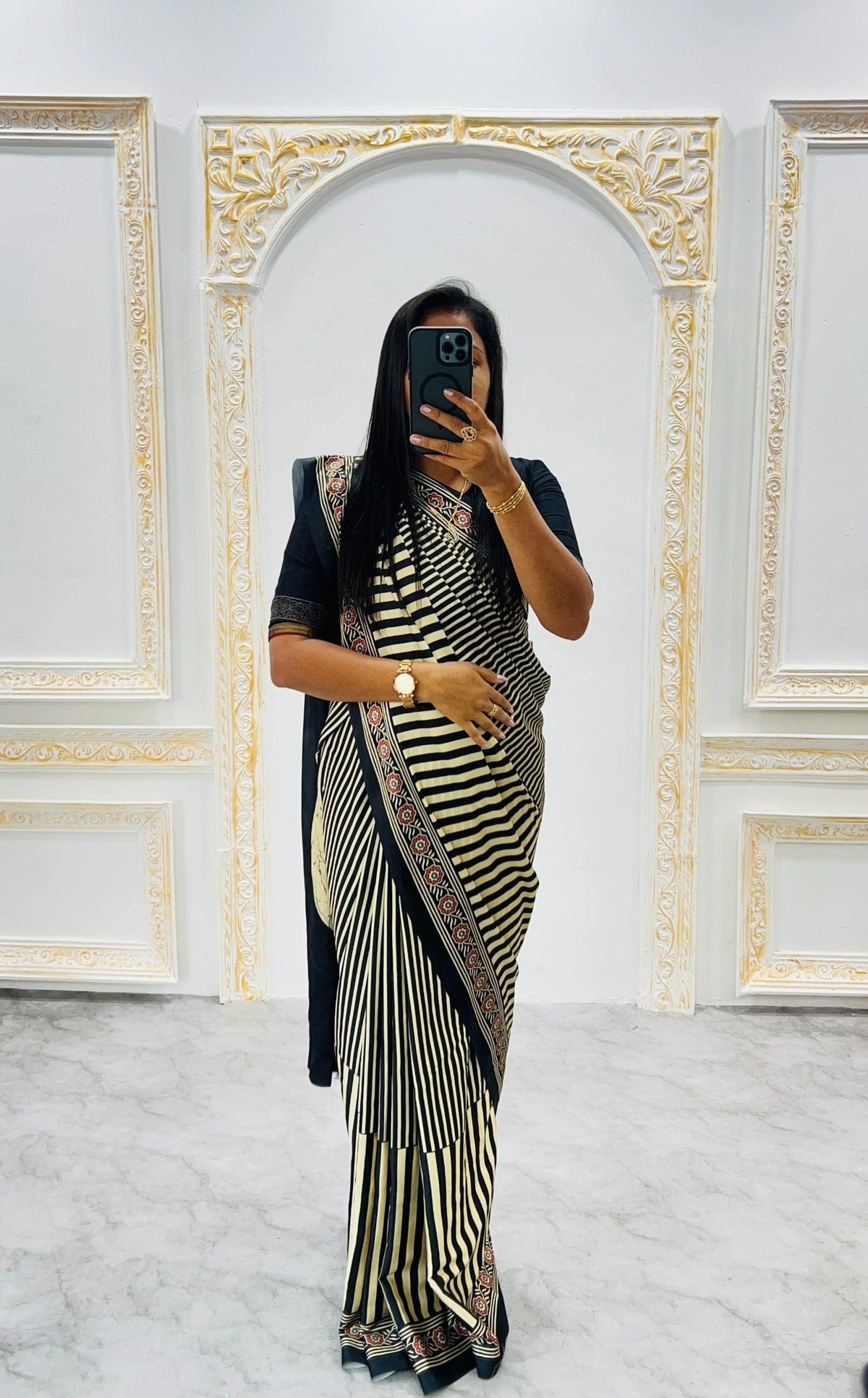 Ajrakh Printed Modal Silk Saree With Ajrakh Blouse For Women