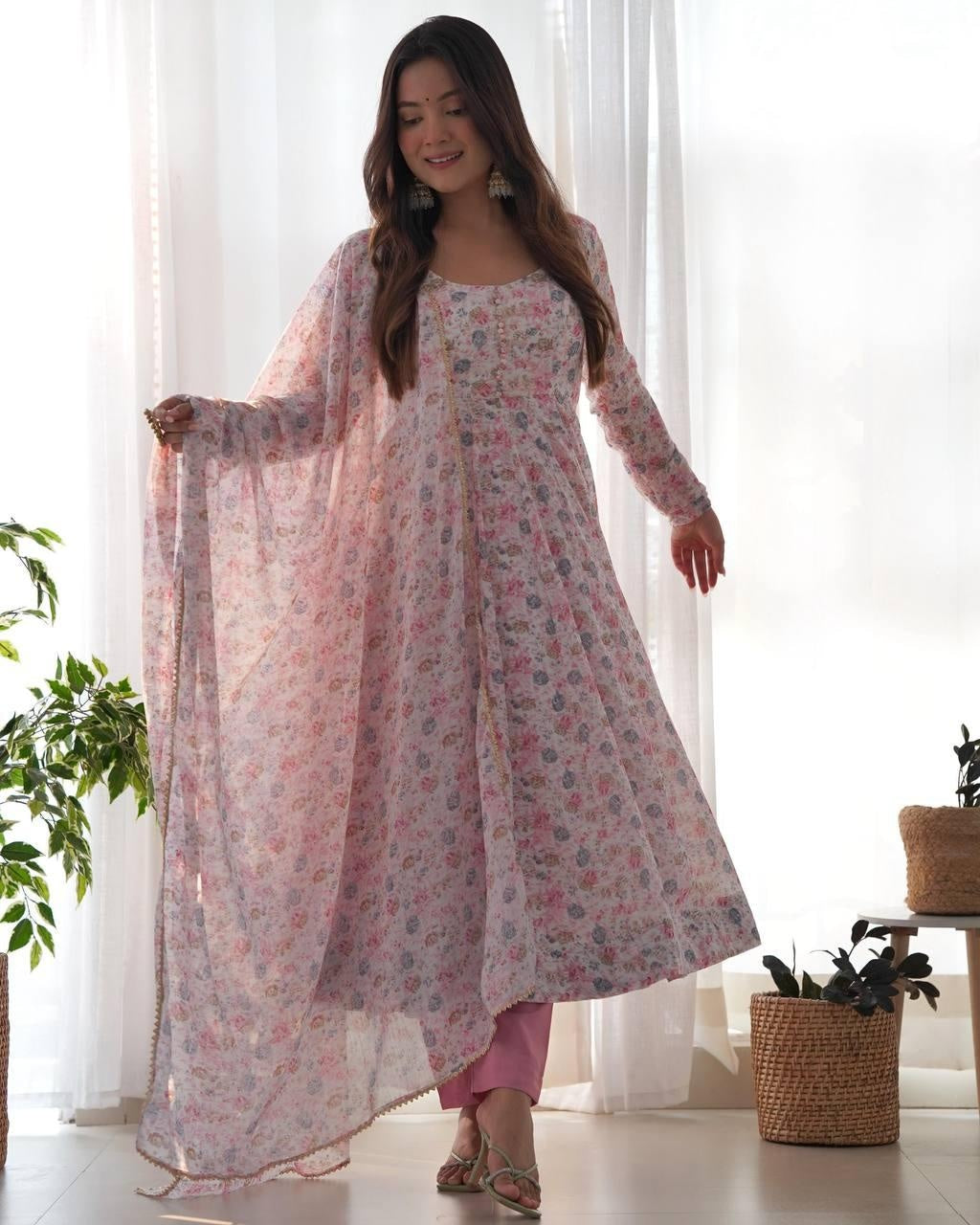 Pink Heavy Orange Chiffon Floral Print Salwar Suit