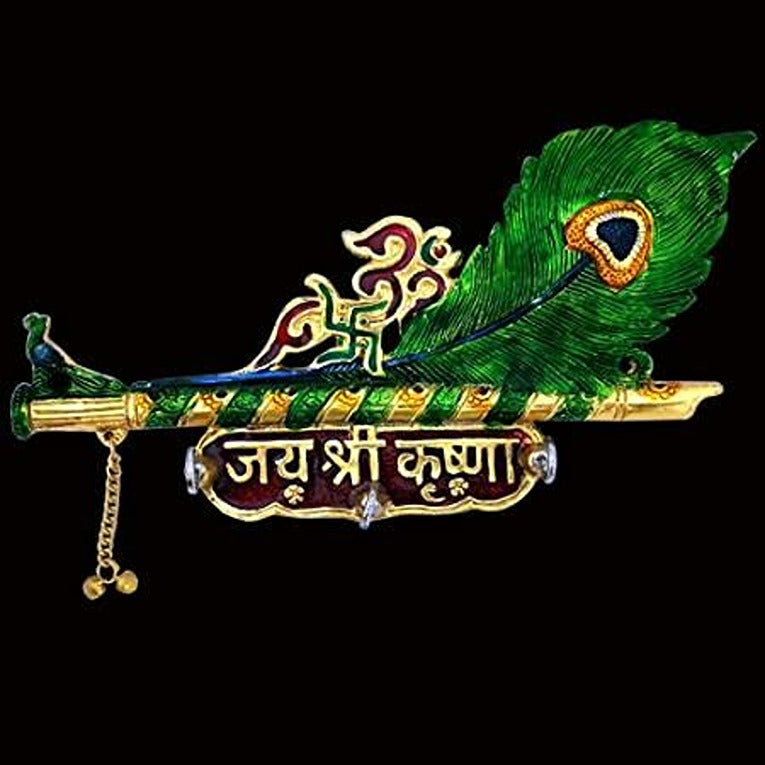 Oxide Metal Decorative Meenakari Jai Shree Krishna Basuri Metallic Key Holder with 3 Hooks-Hangers Showpiece