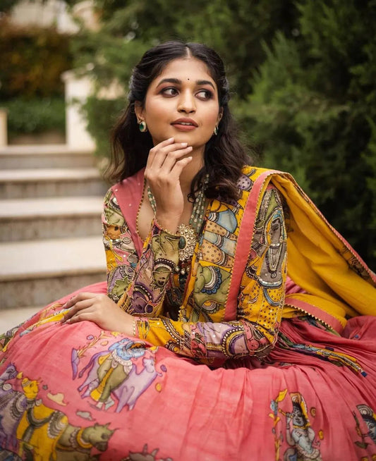 Introducing the Kalamkari Printed Pink  Lehengha Choli (Blouse unstiched)