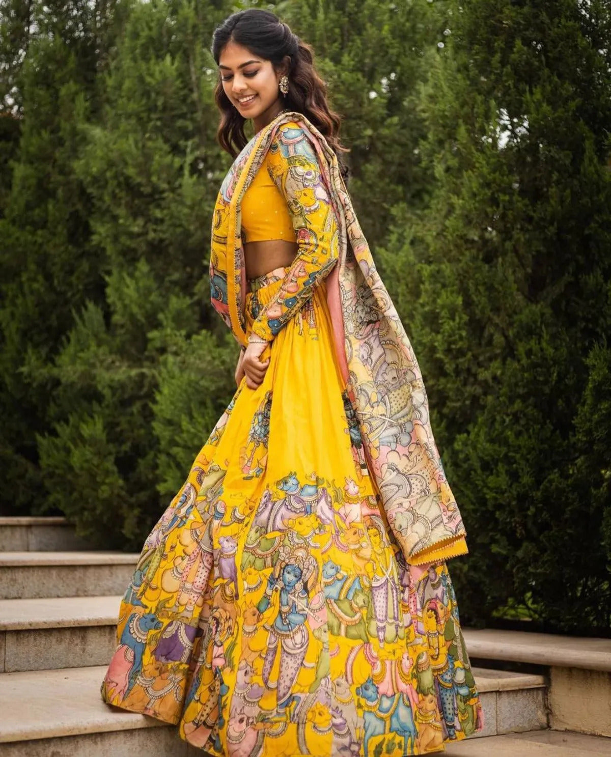 Fully Stiched Yellow Kalmkari Lehengha Choli