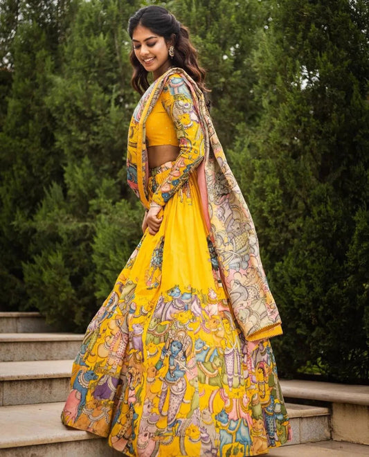 Fully Stiched Yellow Kalmkari Lehengha Choli