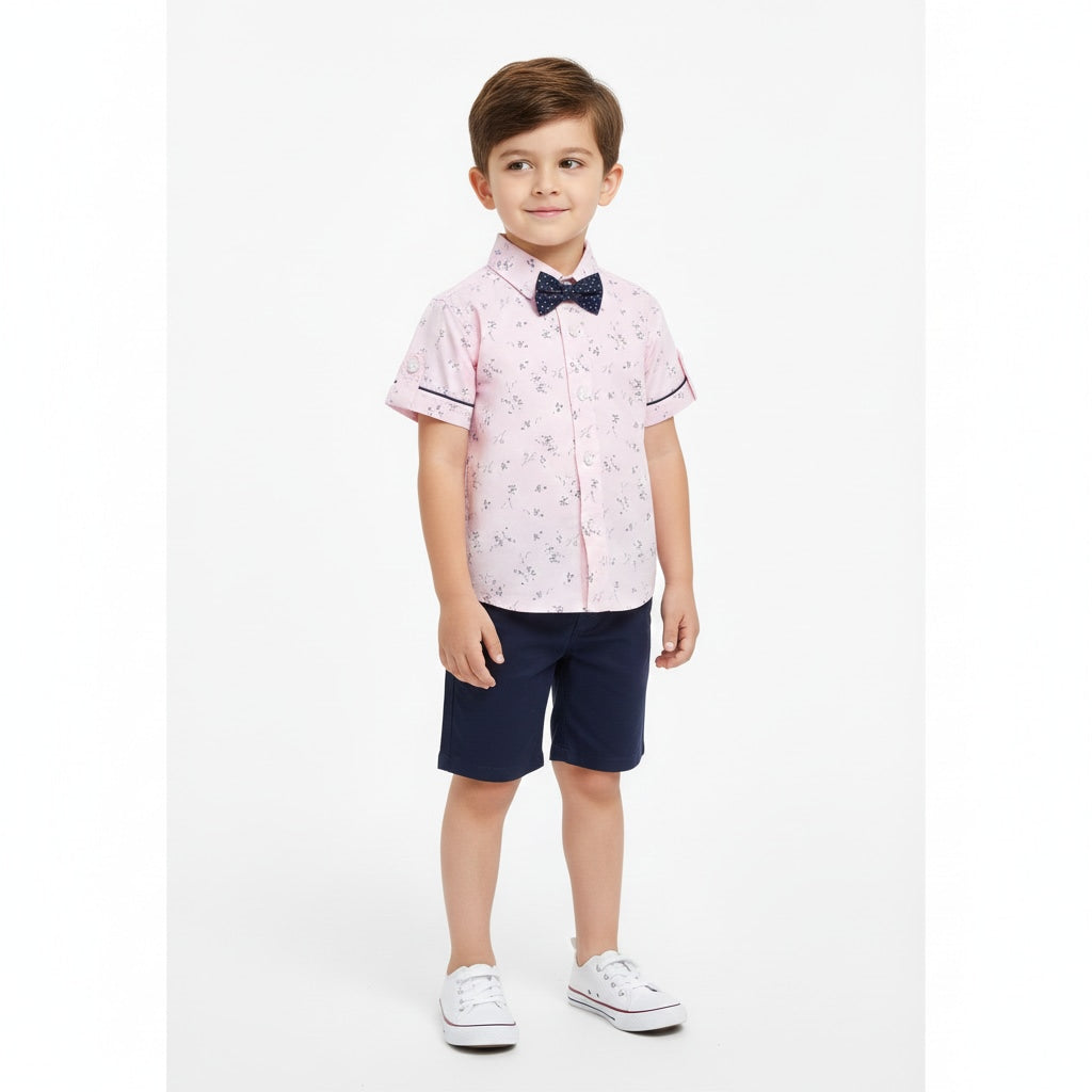 Boys Pink Printed Short-Sleeve Shirt with Bow Tie & Navy Shorts Set