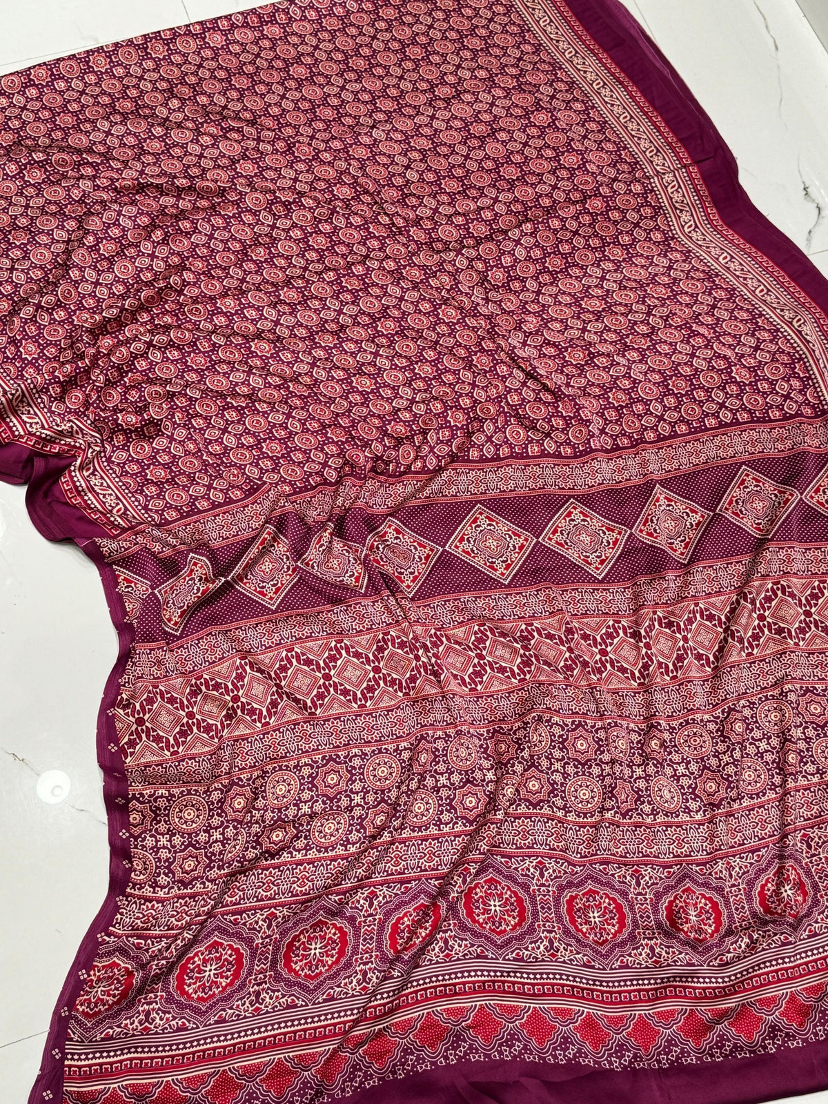Wine Ajrakh Printed Soft Modal Silk Natural Print Saree P1 For Women