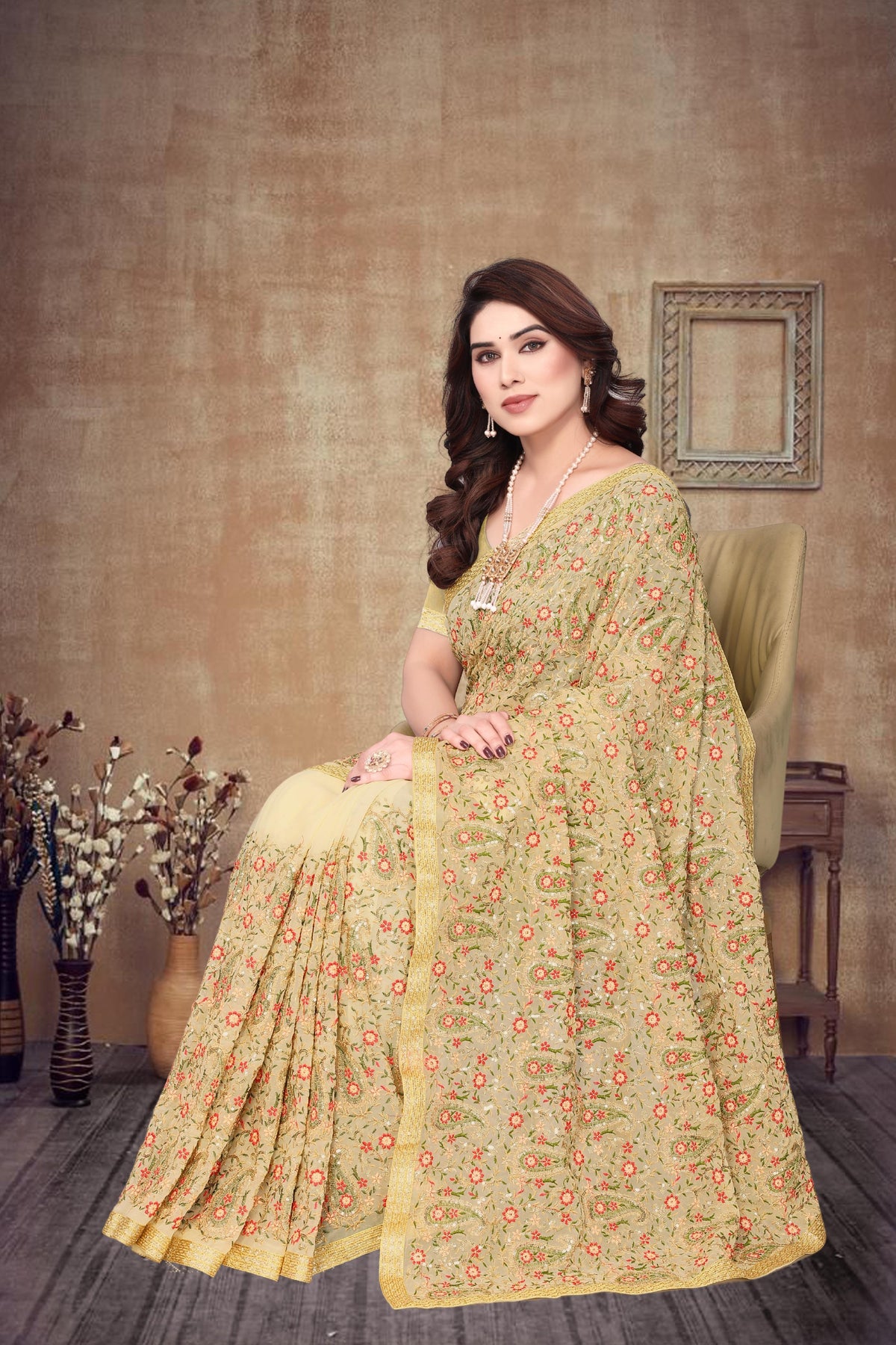 Heavy Fox Georgette With Multi + Zari Embroidery &amp; 3.MM Sequence In Pallu_Skirt Work Saree And Readymade Embroidery Lace Work For Women