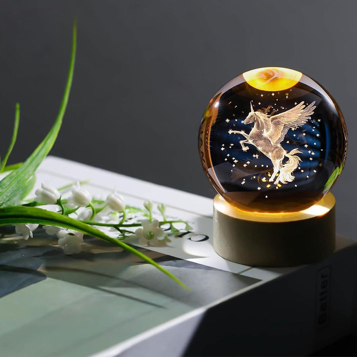 3D Crystal Ball LED Night Lamp with Wooden Base – Unicorn Design
