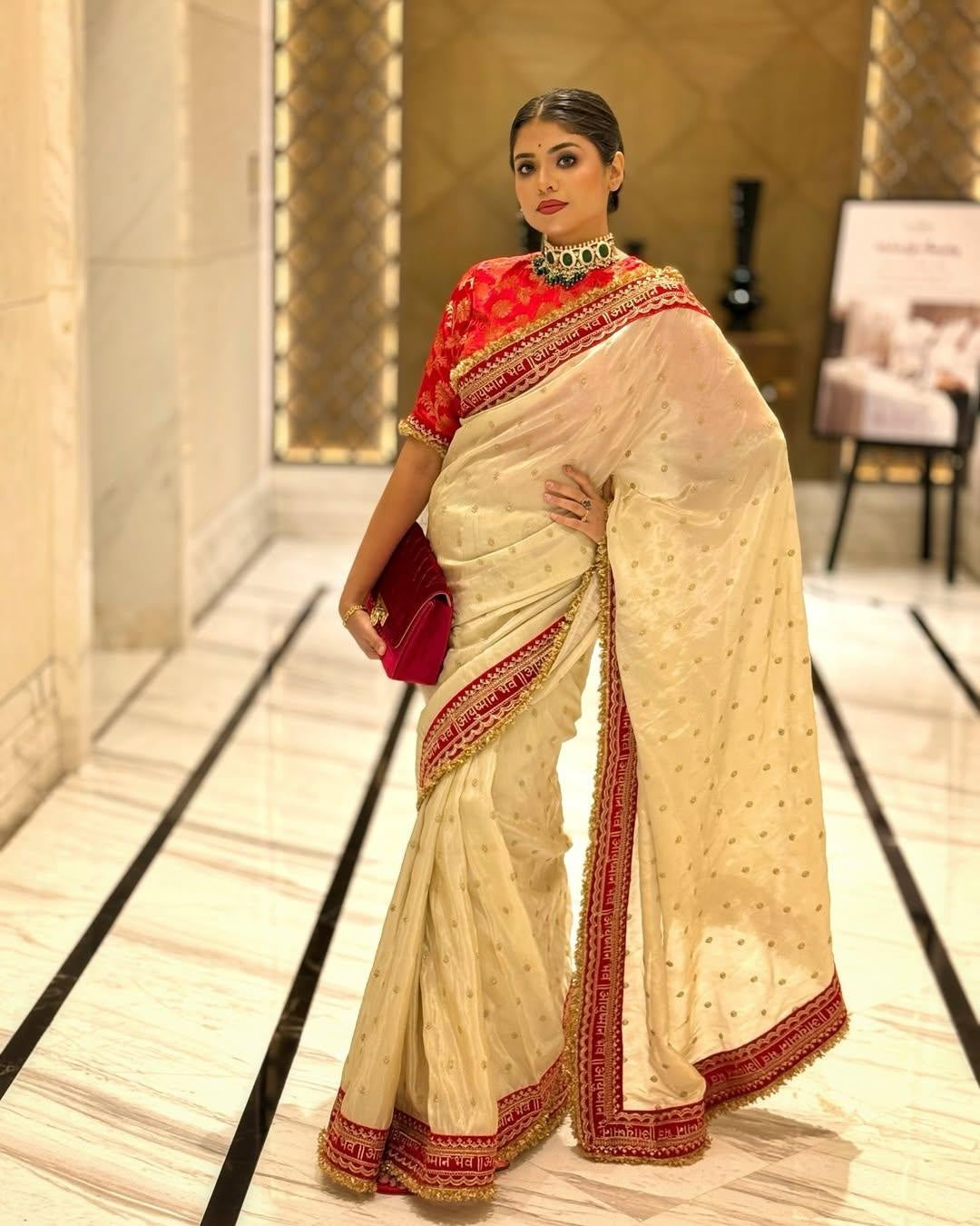Elegant Chinon Silk Saree with Red Embroidery Border | Traditional Festive Wear Saree with Designer Jacquard Blouse Piece For Women