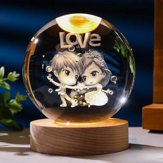 3D Crystal Ball LED Night Lamp with Wooden Base – Love Design