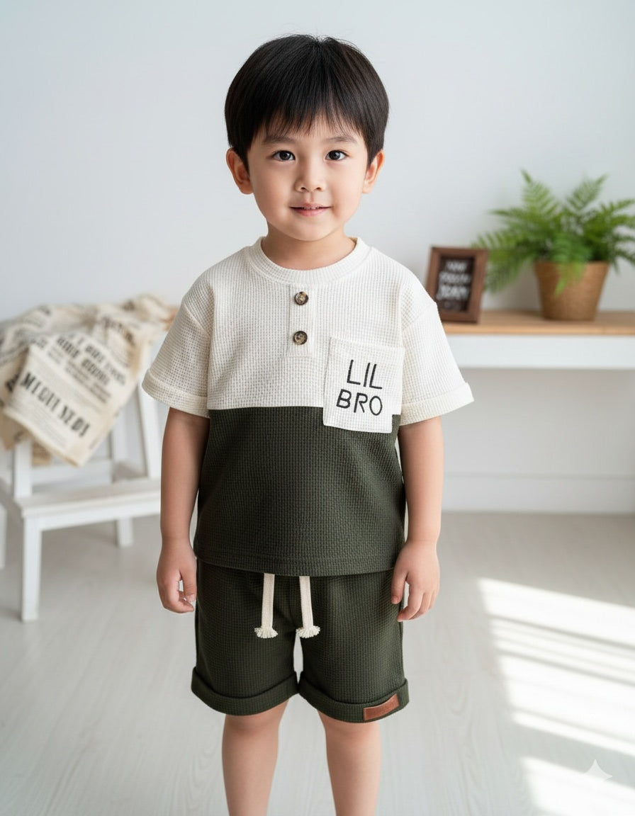 UrbanCub Olive Cotton Boys Top & Shorts Set
