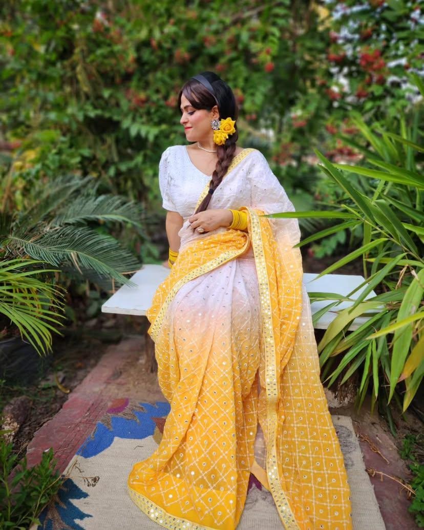 Heavy Fox Georgette With Pedding Print And 7.MM Sequence + MultiðŸ”– Work In Allover Saree For Women