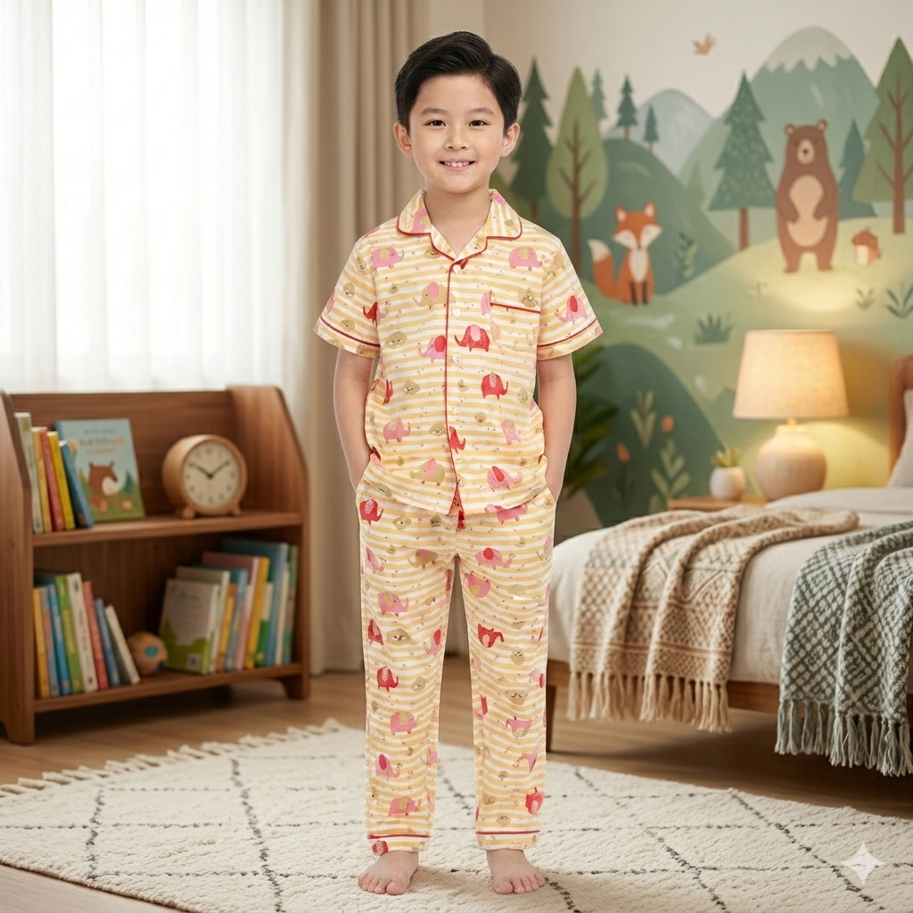 Froquiliz Boys Yellow Elephant Print Cotton Night Suit Set
