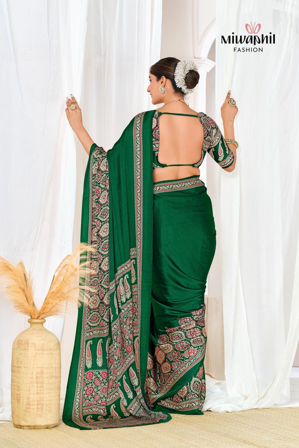 Green Ajrakh Printed Modal Silk Plain Saree With Ajrakh Blouse P6 For Women