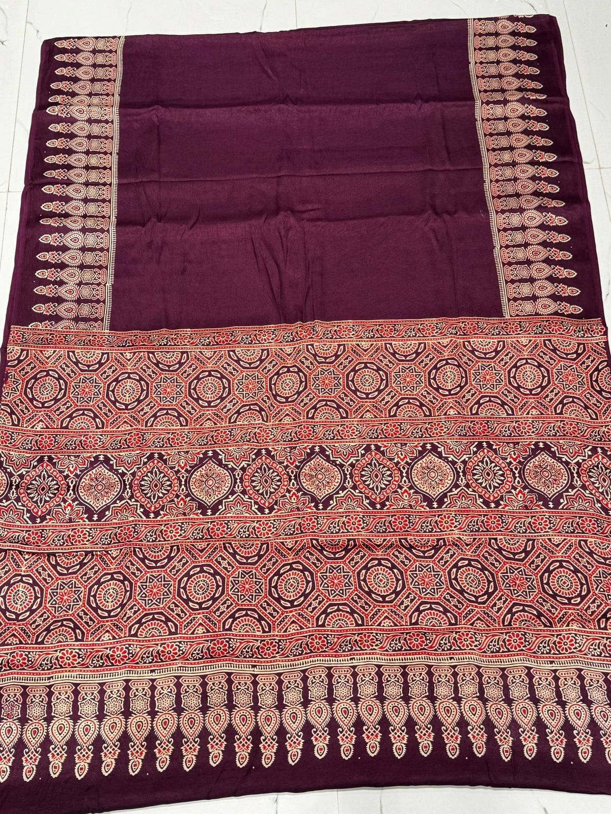 Wine Ajrakh Hand Block Modal Silk Saree With Fancy Ajrakh Pallu and Border For Women