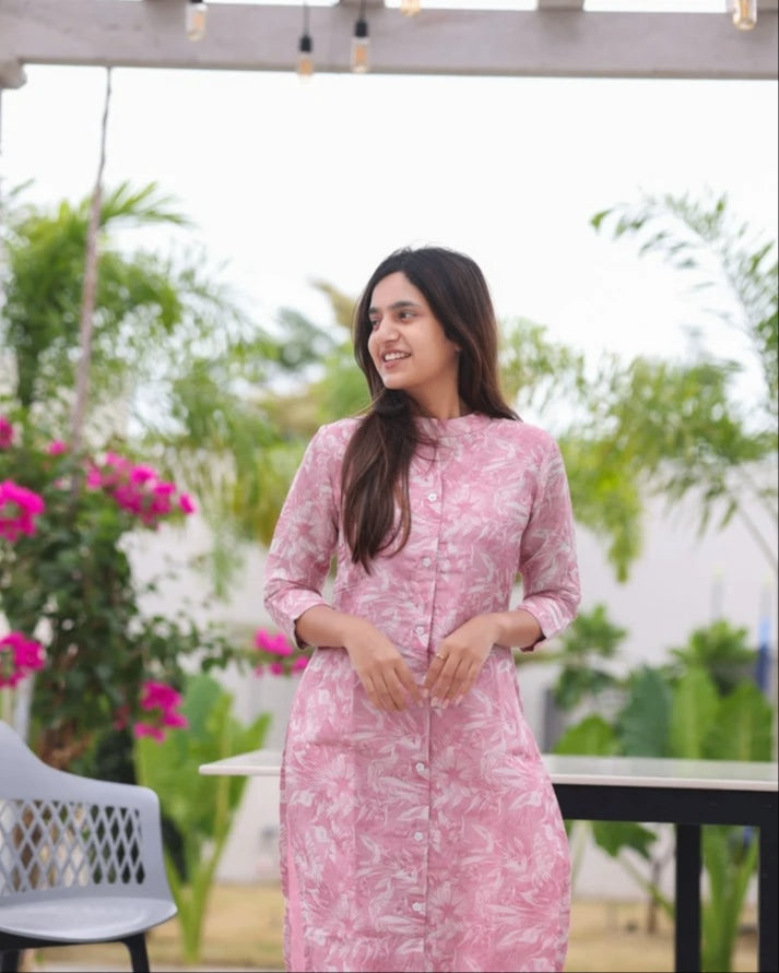Pink Floral Printed Straight Kurti For Women