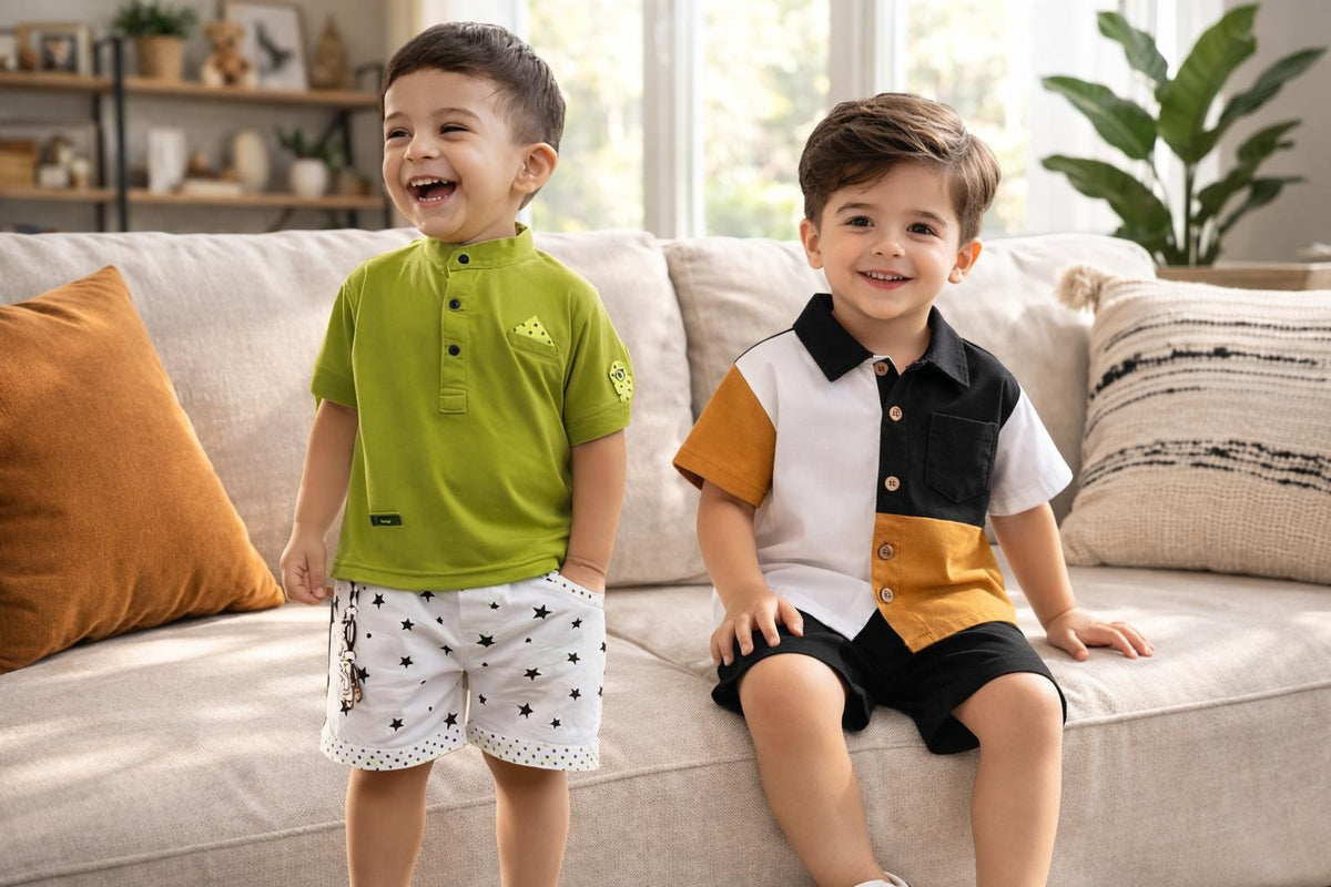 Trendy Toddler Boys Polo T-Shirt & Multi-Color Block Shirt with Shorts Combo Set (Pack of 2)