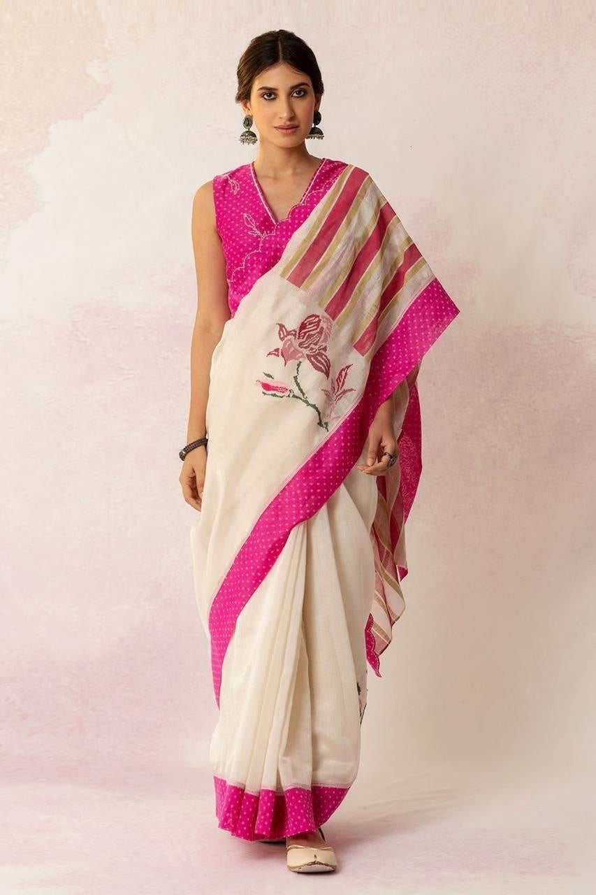 BAHAAR PINK POLKA FLORAL MIX SAREE AND BLOUSE WITH CROSS STITCH FLORAL EMBROIDERY For Women