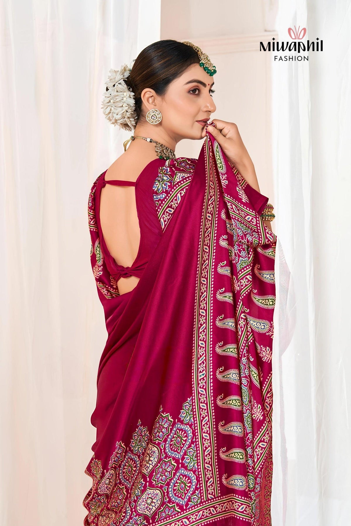 Rani Ajrakh Printed Modal Silk Plain Saree With Ajrakh Blouse P6 For Women