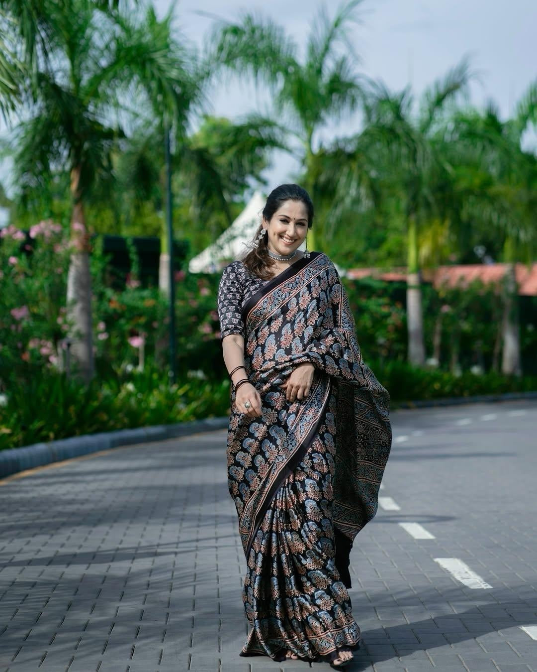Black Ajrakh Primum Modal Silk Saree With Blouse For Women