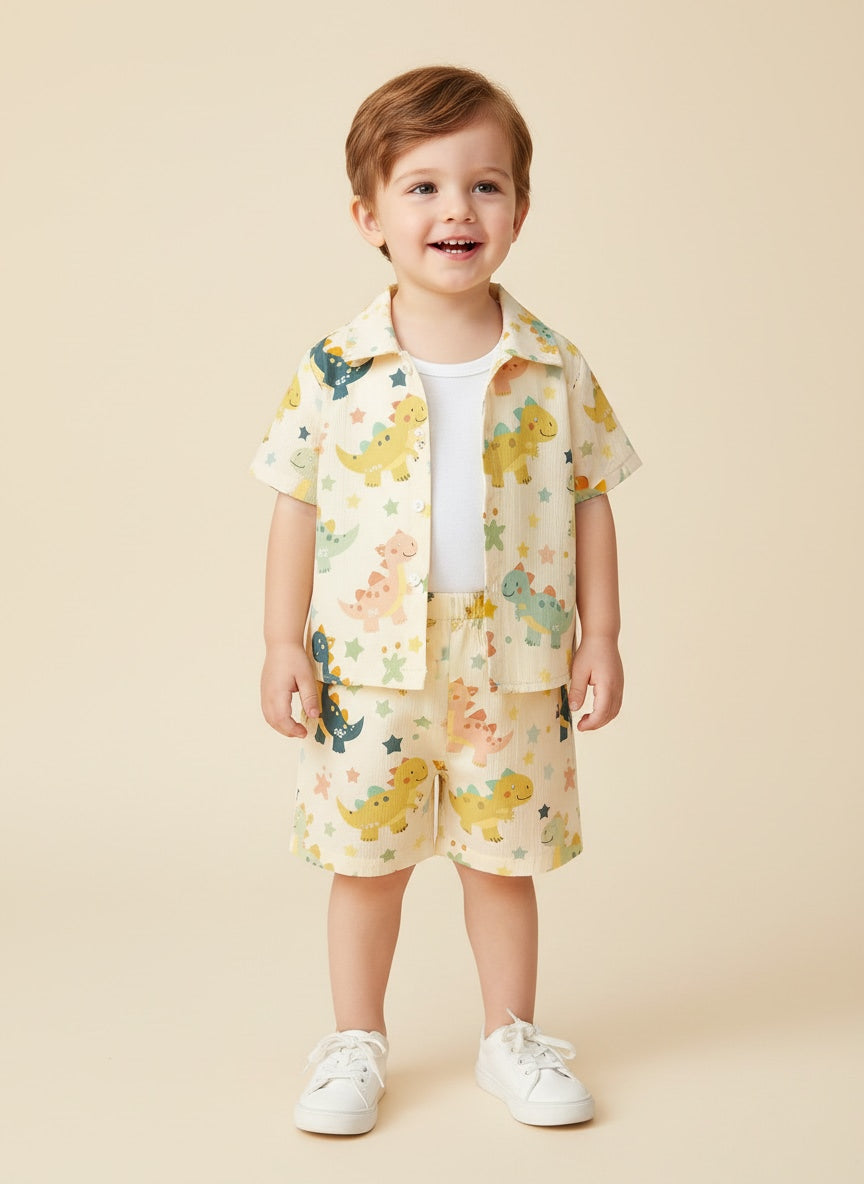 Unisex Cotton Co-ord Set with Dinosaur Print Print | Summer Half Sleeve Shirt and Shorts Set |Kids Casual Shirt & Shorts | Cotton Half Sleeve Shirt & Shorts | Baby Boy Girl Co-ord Set