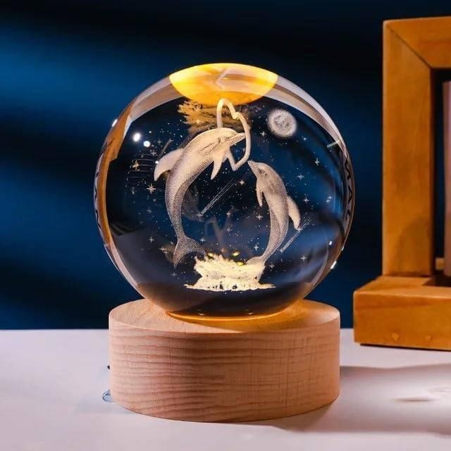 3D Crystal Ball LED Night Lamp with Wooden Base – Dolphin Design