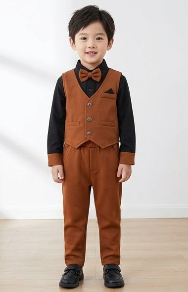 Kids Boys Stylish 3-Piece Formal Suit Set with Bow Tie (Brown & Black)