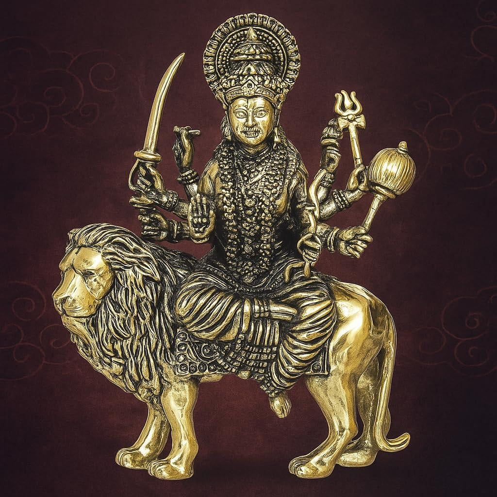 4 Inch Brass Durga Maa Sitting On Lion Murti | Goddess Sherawali Maa Idol