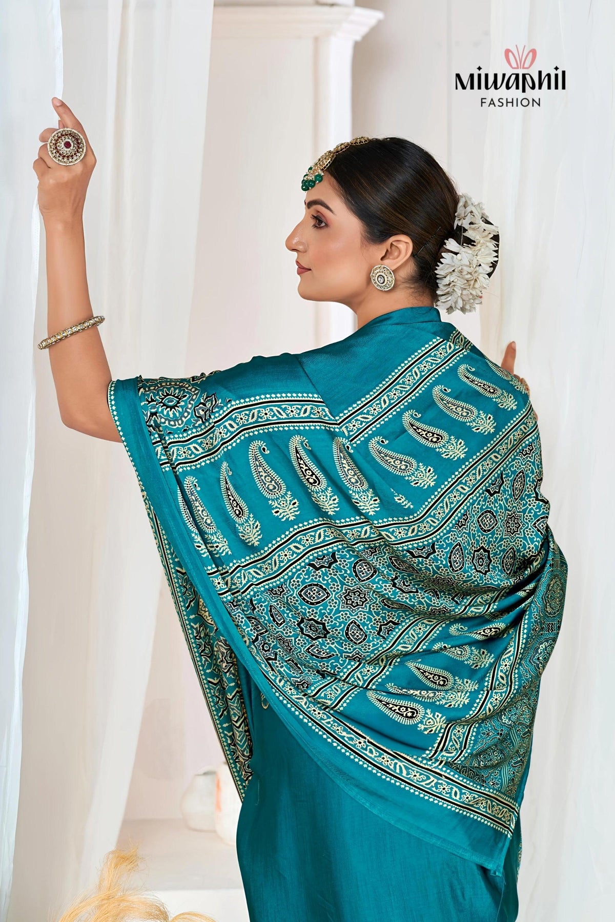 Rama Ajrakh Printed Modal Silk Plain Saree With Ajrakh Blouse P6 For Women