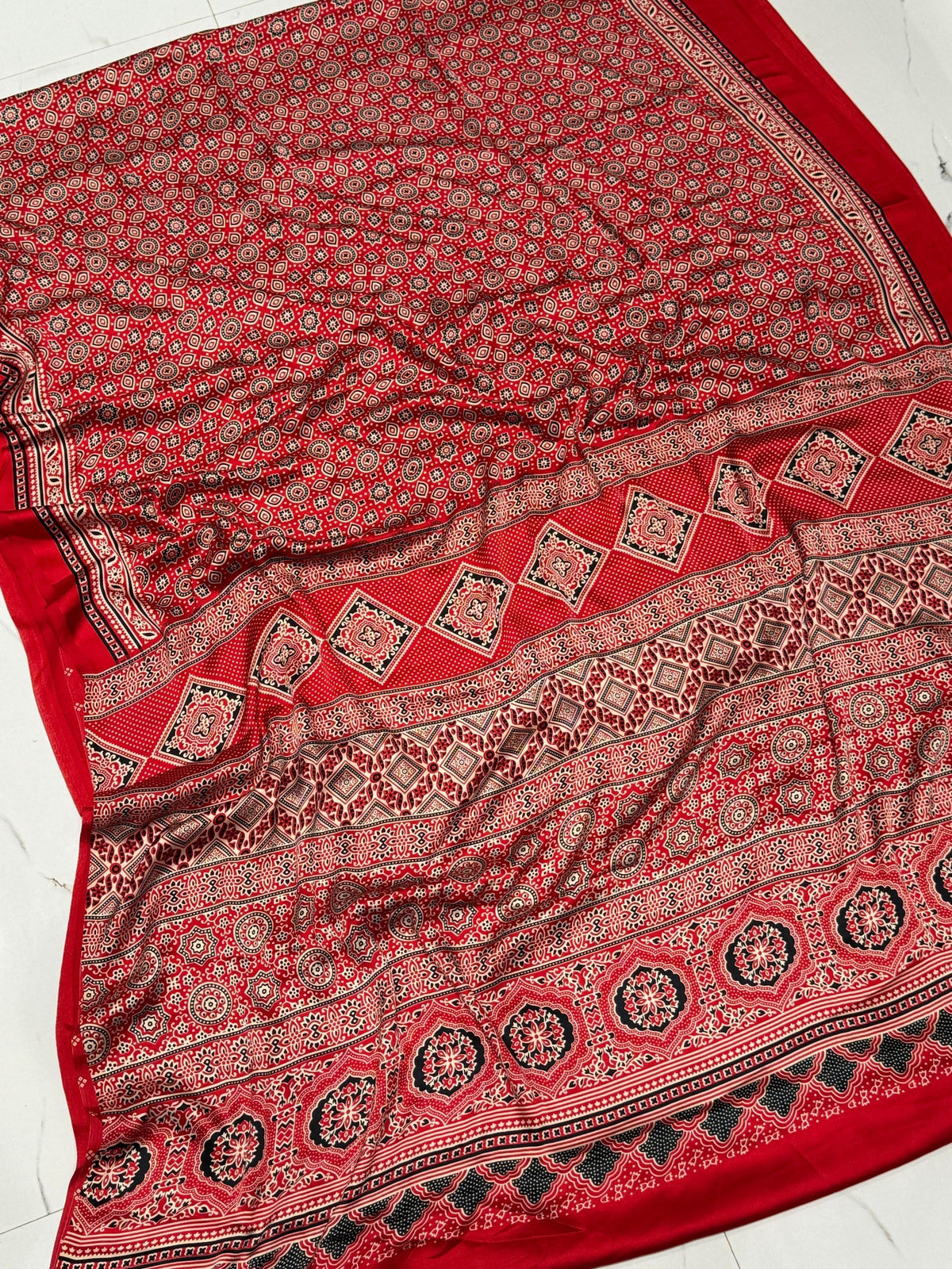 Red Ajrakh Printed Soft Modal Silk Natural Print Saree P1 For Women