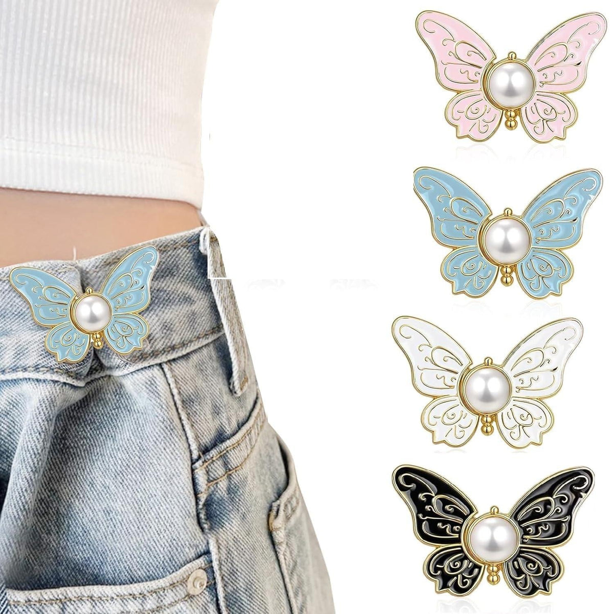 4 Pack Sets Butterfly Jean Button Waist Tighteners – No-Sew Adjustable Clips