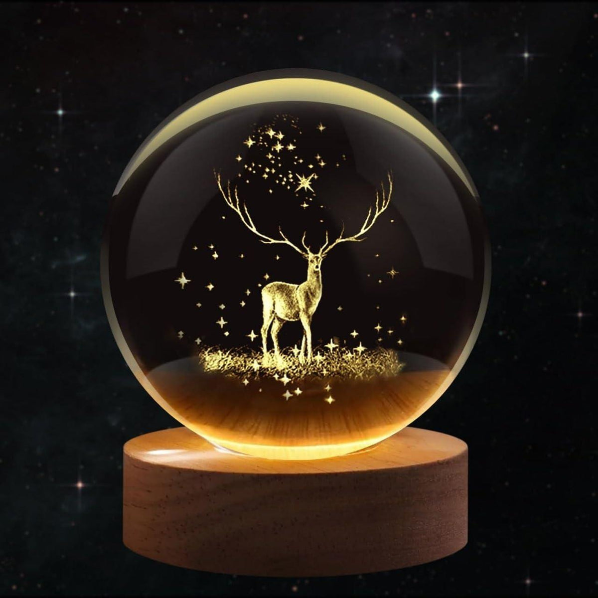 3D Crystal Ball LED Night Lamp with Wooden Base – Deer Design