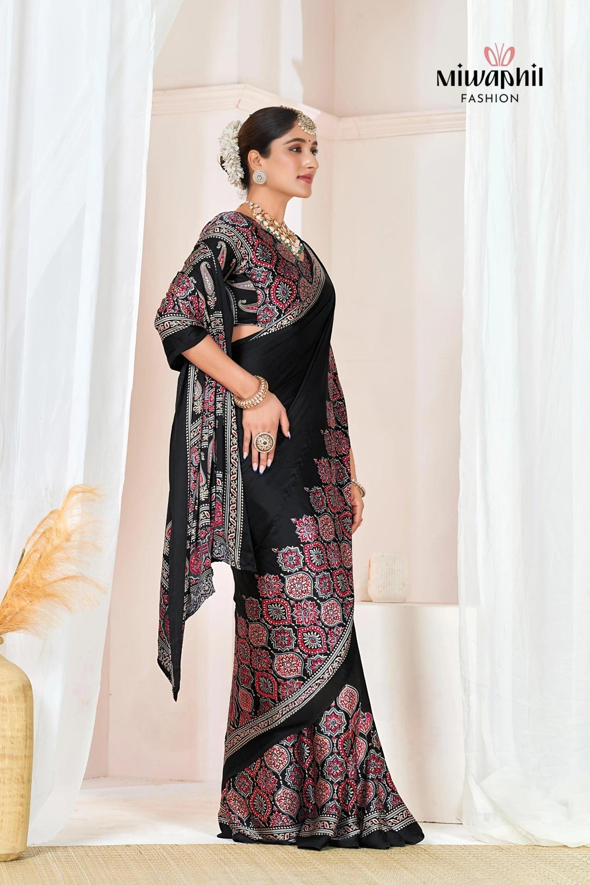 Black Ajrakh Printed Modal Silk Plain Saree With Ajrakh Blouse P6 For Women
