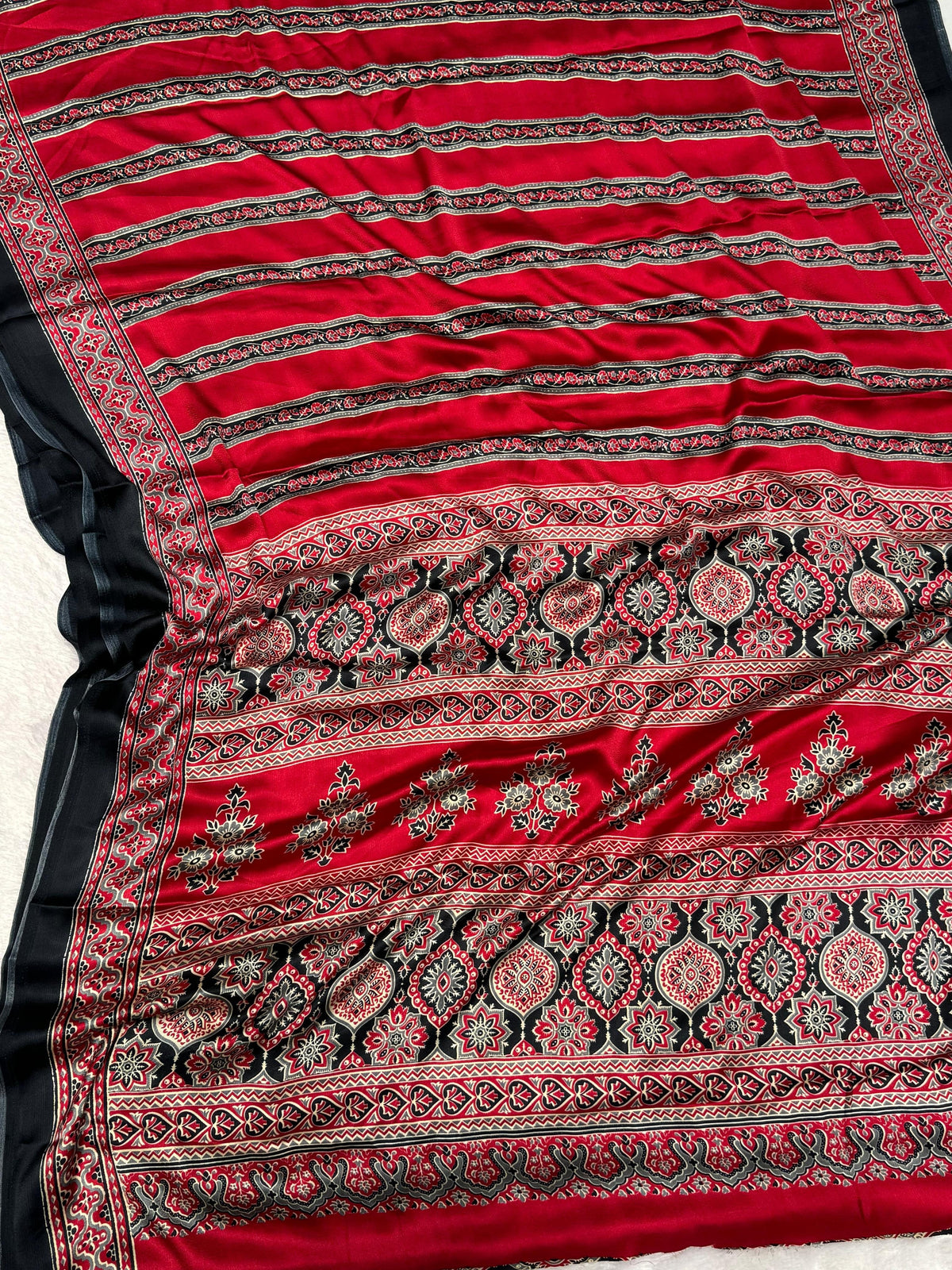 Black And Maroon Ajrakh Printed Soft Modal Silk Natural Print Saree P4 For Women