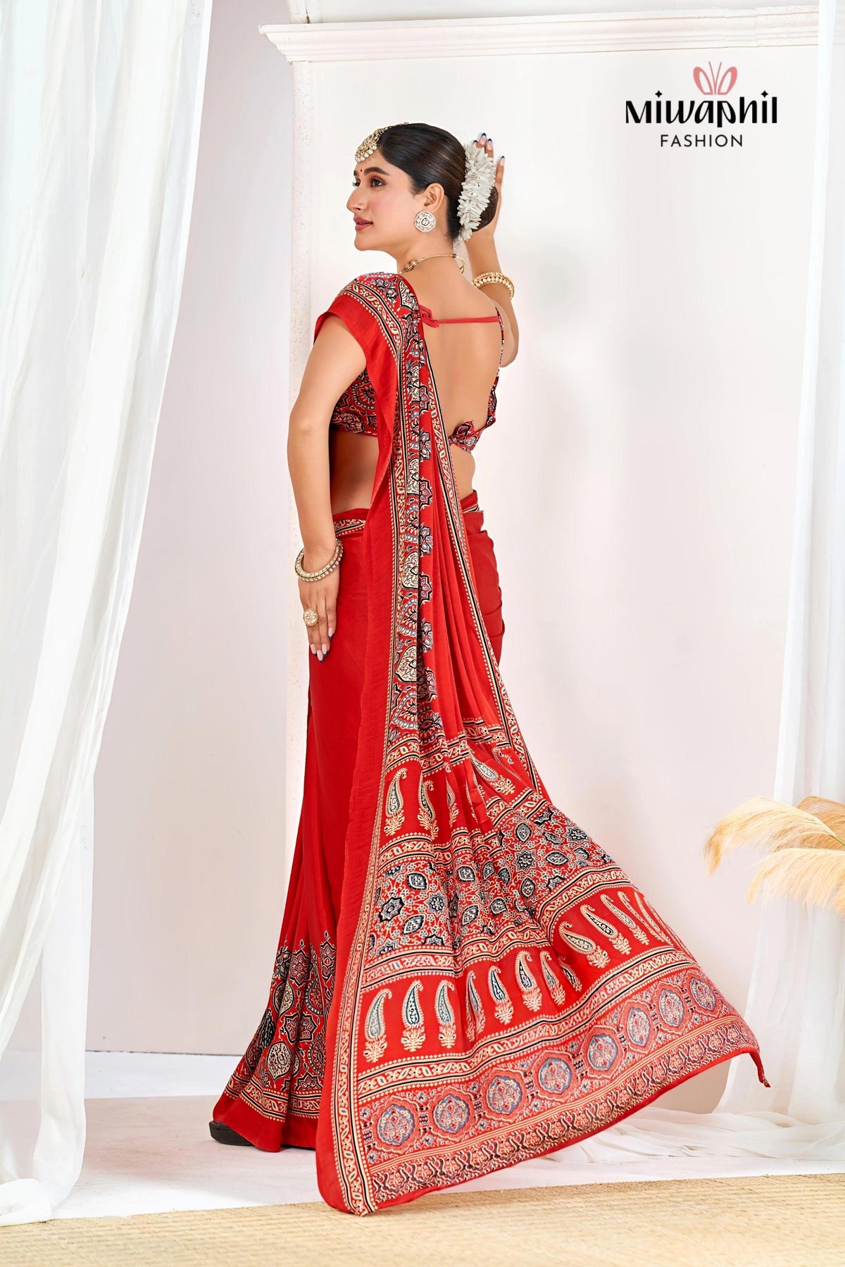 Red Ajrakh Printed Modal Silk Plain Saree With Ajrakh Blouse P6 For Women