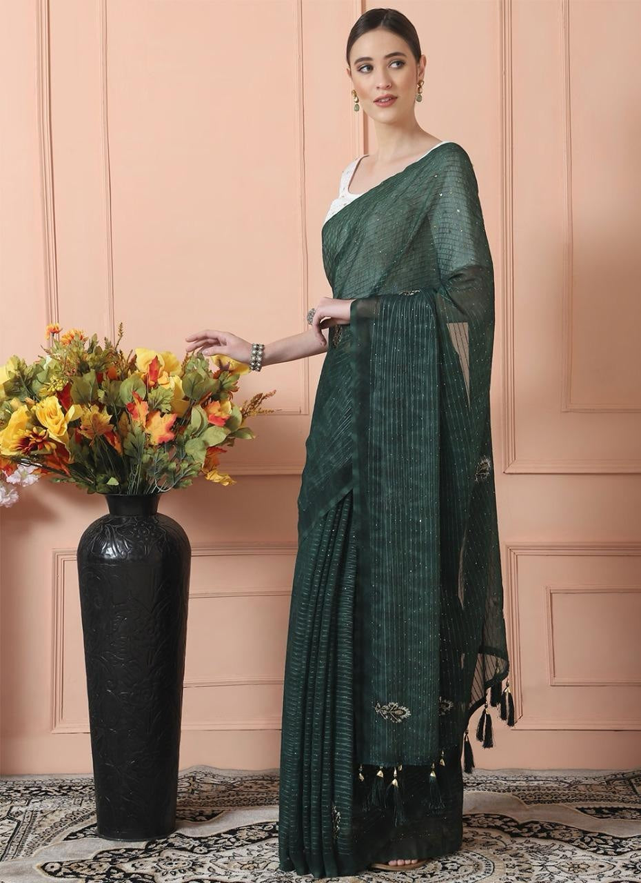 Green Sequence Work Saree For Women
