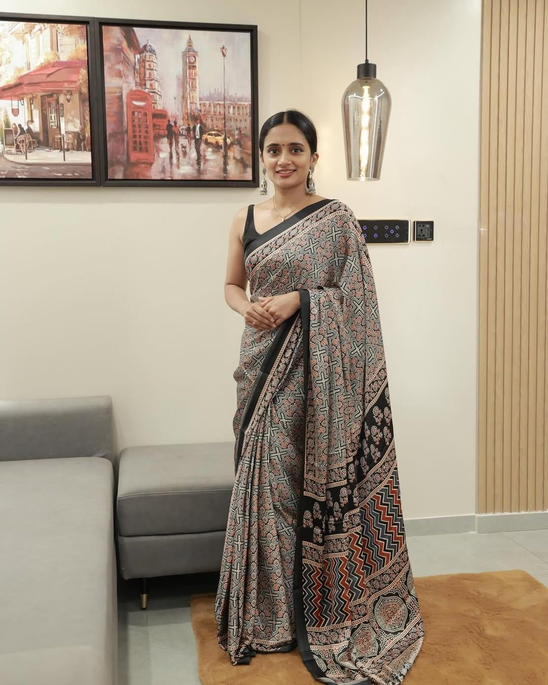 Black Line Ajrakh Primum Modal Silk Saree With Blouse For Women