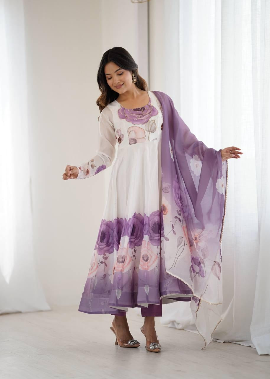 Voilet Organja Silk Flower Position Print Outing Work Salwar Suit
