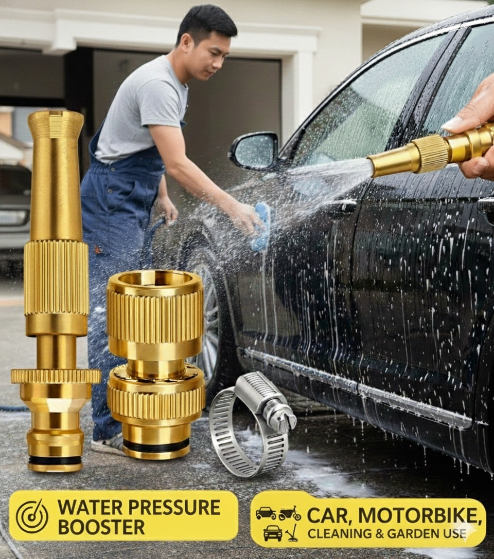 High Pressure Brass Water Spray Nozzle with Hose Connector – Adjustable Jet Garden, Car & Pet Washer Tool