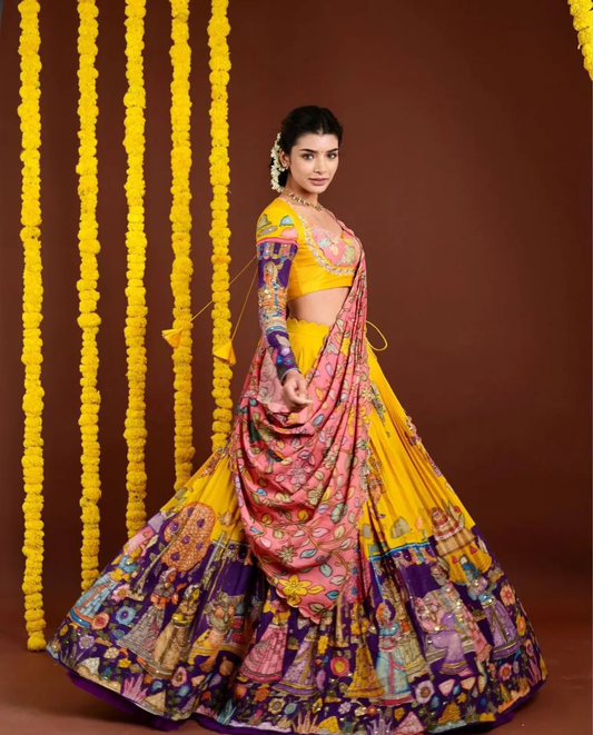 Yellow & Purple Pen Kalamkari Lehenga