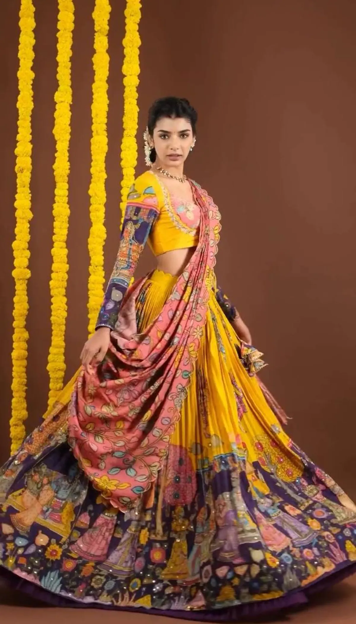 Yellow & Purple Pen Kalamkari Lehenga