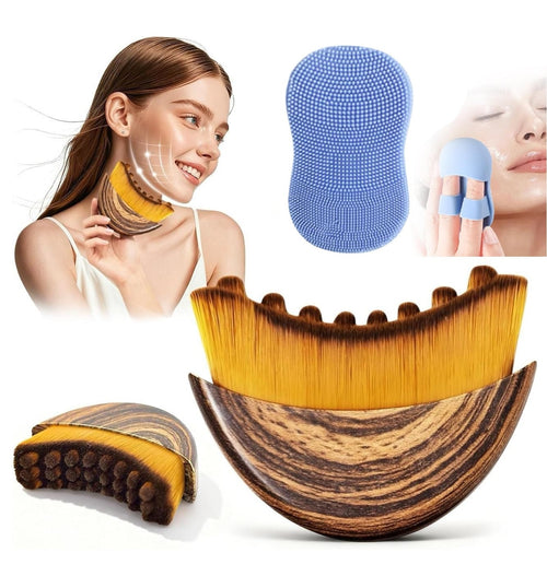 Lymphatic Contour Face Brush – Wooden Handle Facial Massage Brush with Soft Bristles & Silicone Cleansing Pad | Jawline Sculpting, Deep Cleansing & Glow Tool