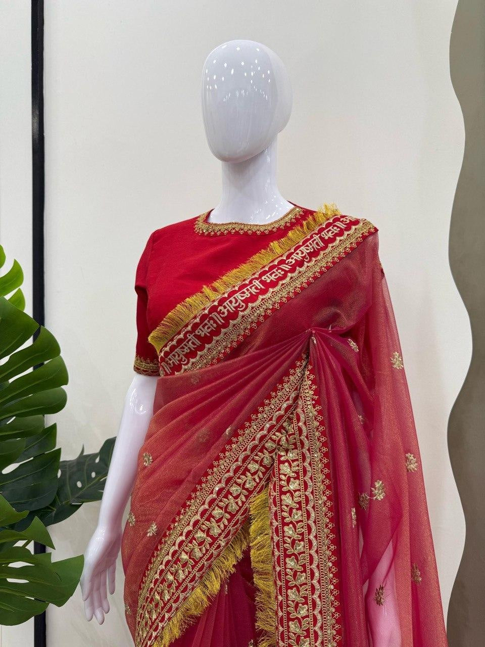 Beautiful Red Designer Saree on Twil Net Fabric with Thread & Sequence Work For Women