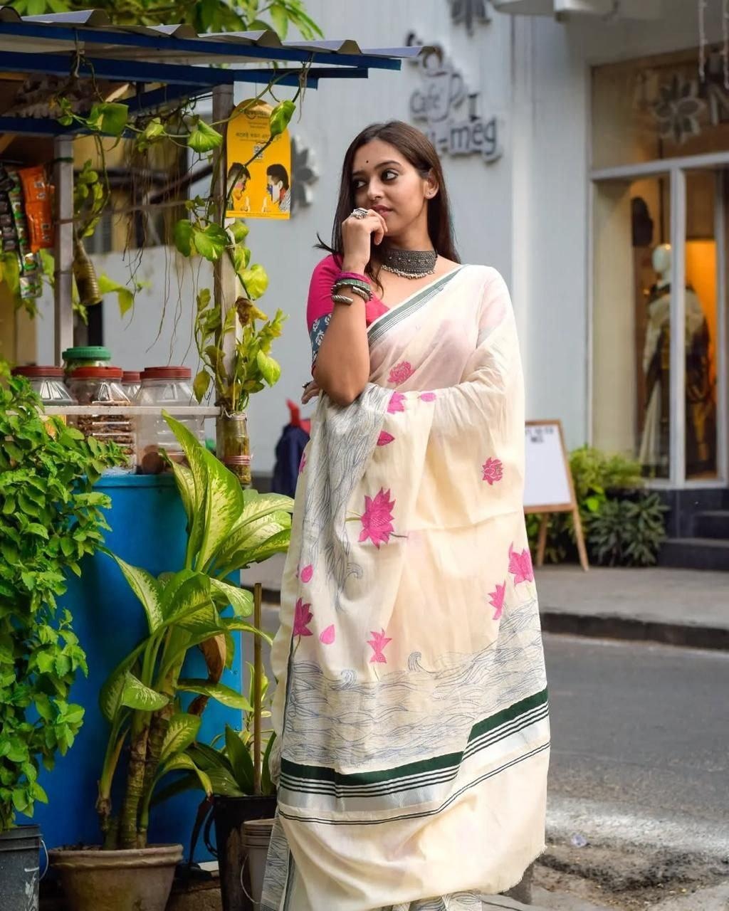 PURE WHITE LINEN SAREE WITH FLORAL PRINT For Women