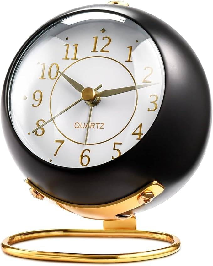 Black Retro Metal Desk Alarm Clock – Silent Non-Ticking
