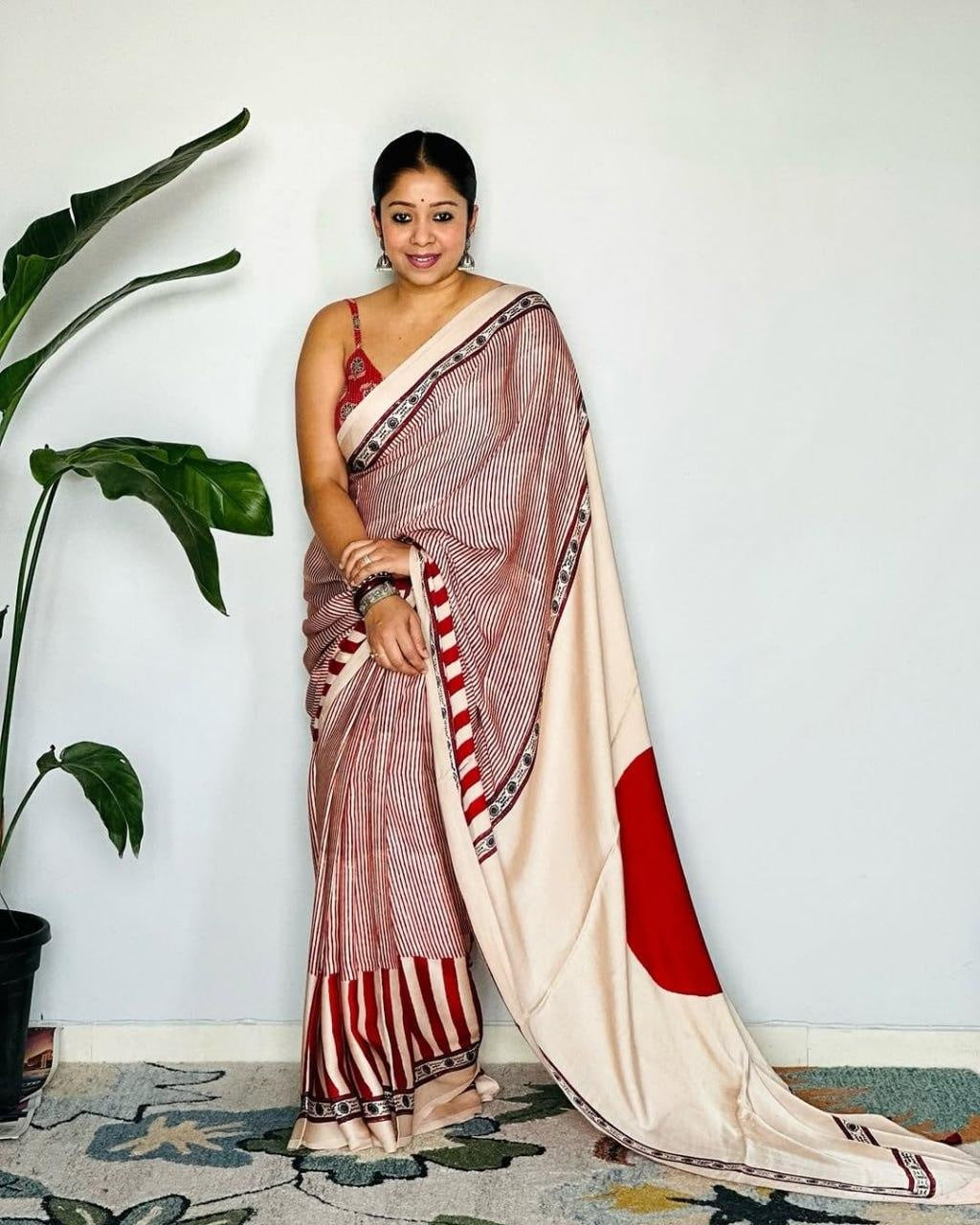 Red Cream Ajrakh Primum Modal Silk Saree With Blouse For Women