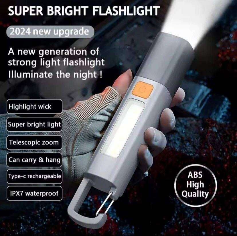 Rechargeable LED Torch Light with COB Side Lamp & Hanging Hook – Portable Emergency & Camping Light