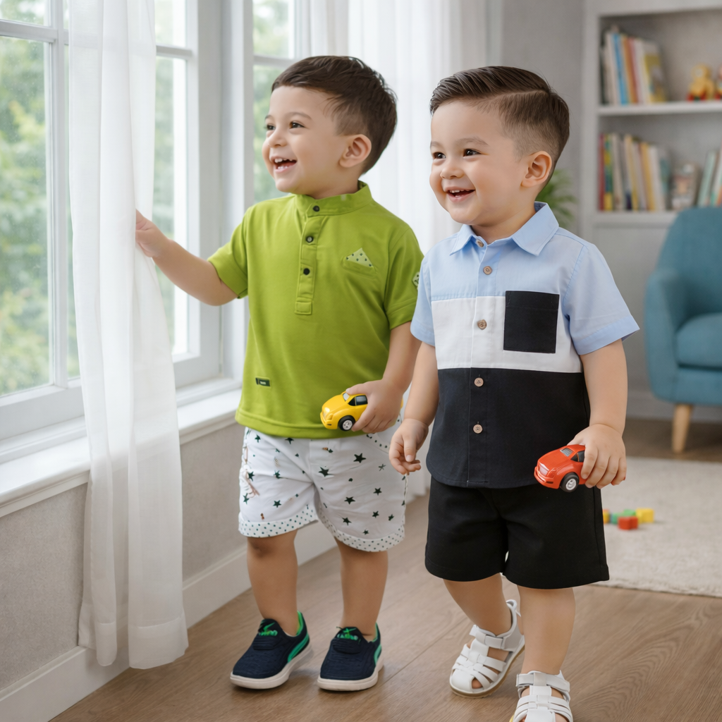 Stylish Toddler Boys Polo T-Shirt & 3-Color Block Shirt with Shorts Combo Set (Pack of 2)