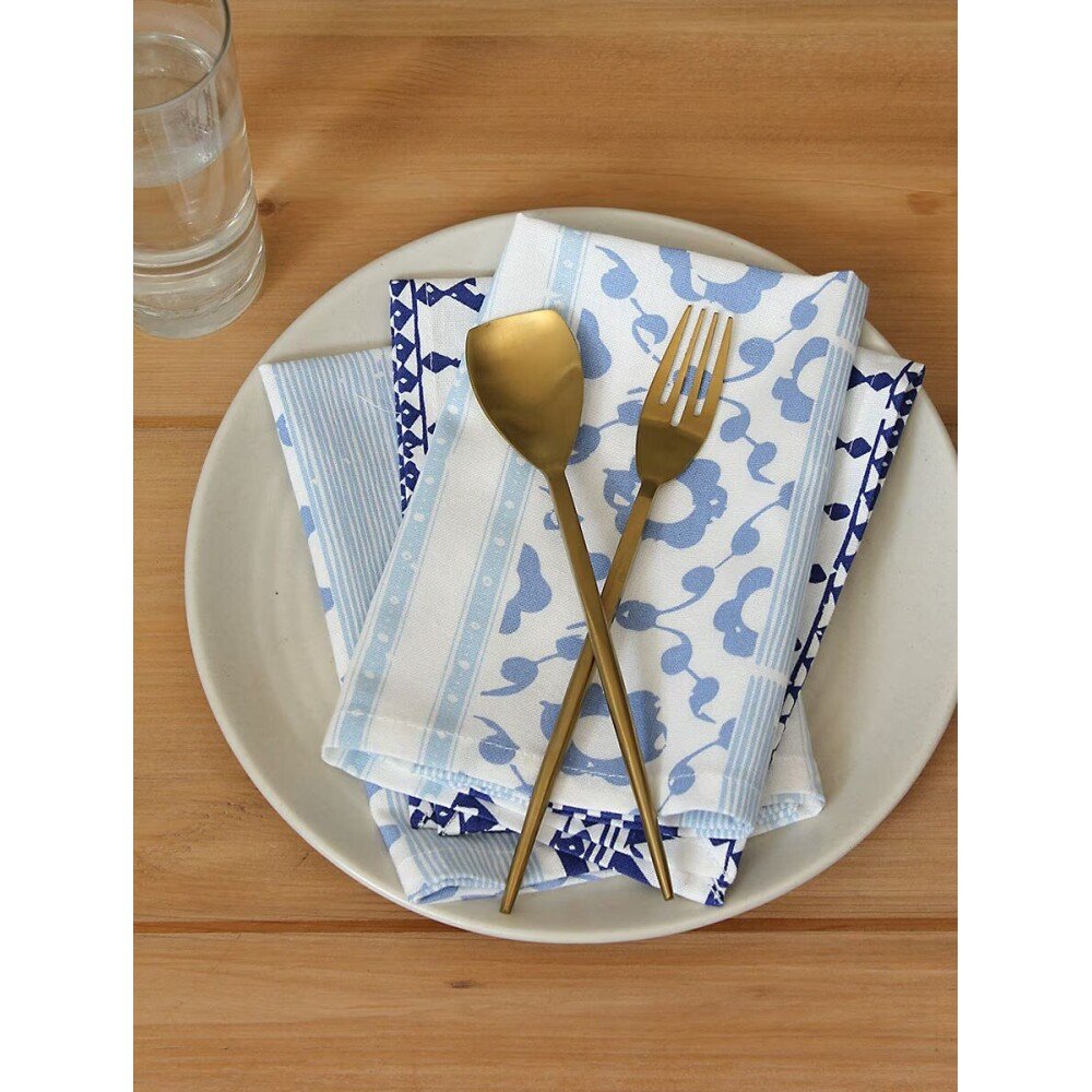 Buy Blue Cotton Printed Table Napkins