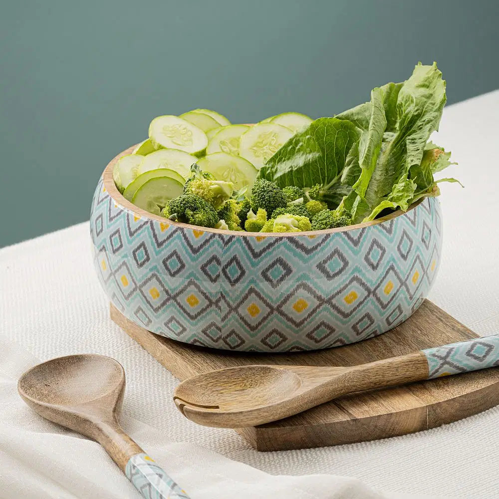 Buy Halvah Salad Serving Bowl W Spoon – Blue Barfi Wood, Salad Serving Bowl, Blue Barfi – Multicolour