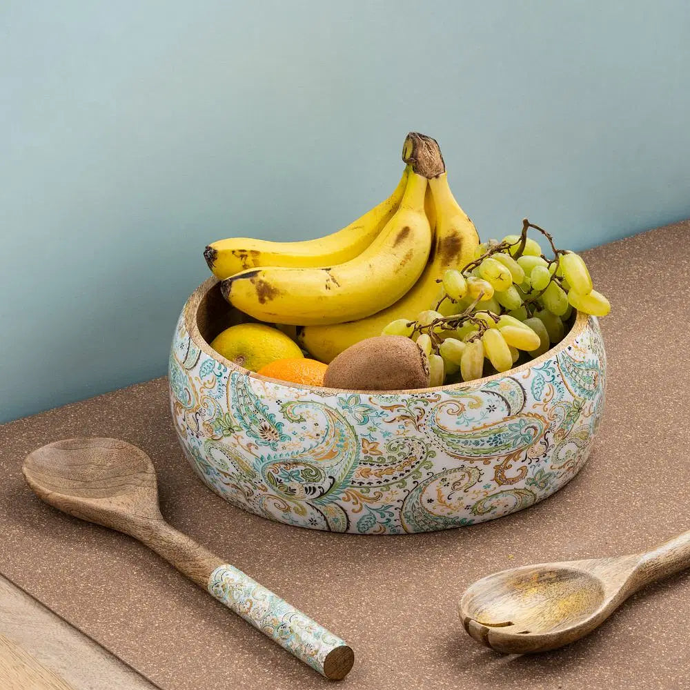 Buy Halvah Salad Serving Bowl W Spoon – Paisly Wood, Salad Serving Bowl, Paisly – Beige