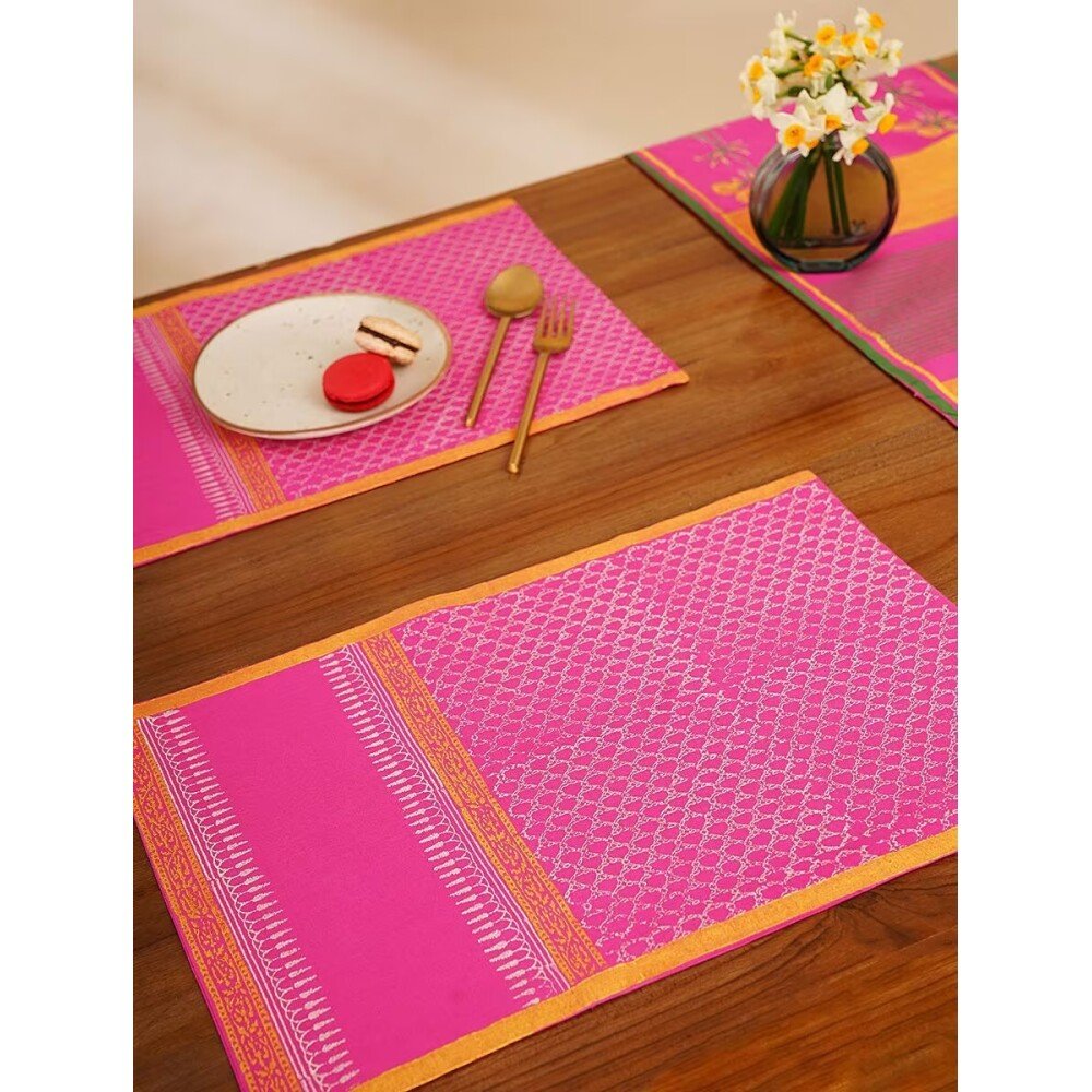 Buy Pink Rectangle Cotton Block Print Mats